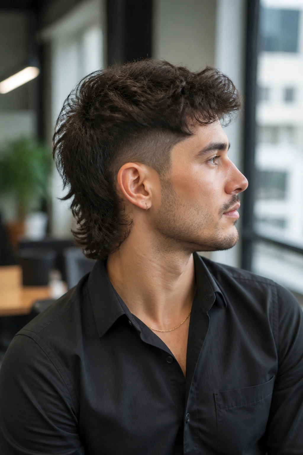 Portrait of person with high-contrast mullet in an office setting