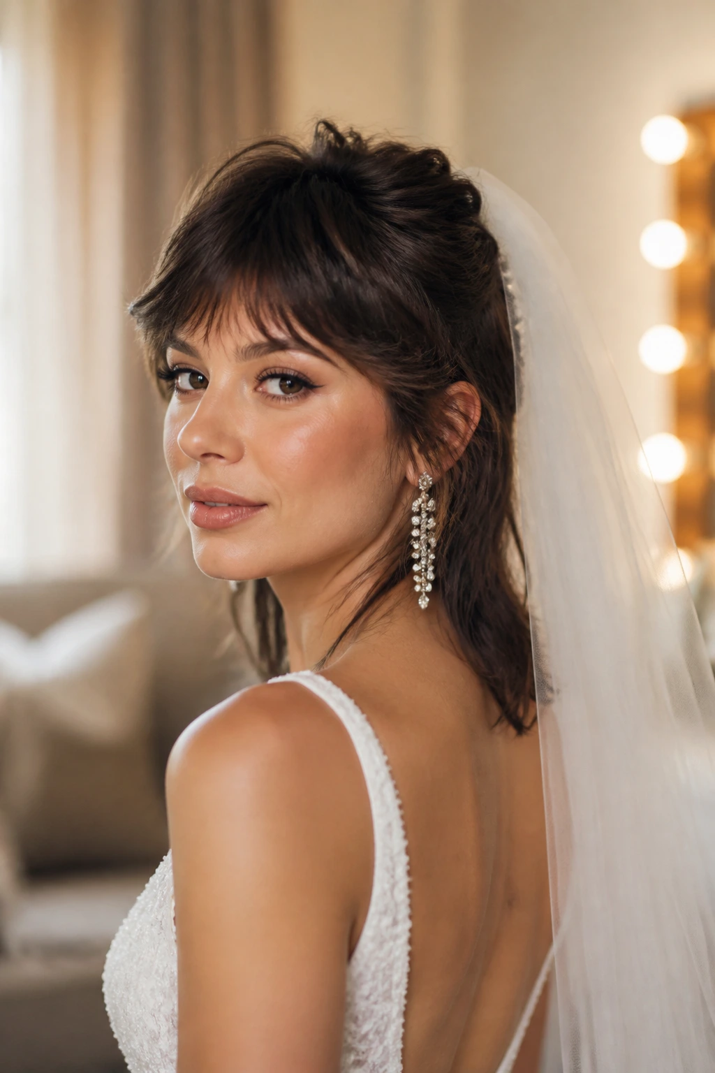 Close-up portrait of a real bride with a mullet and veil, earrings visible in a warm bridal suite.