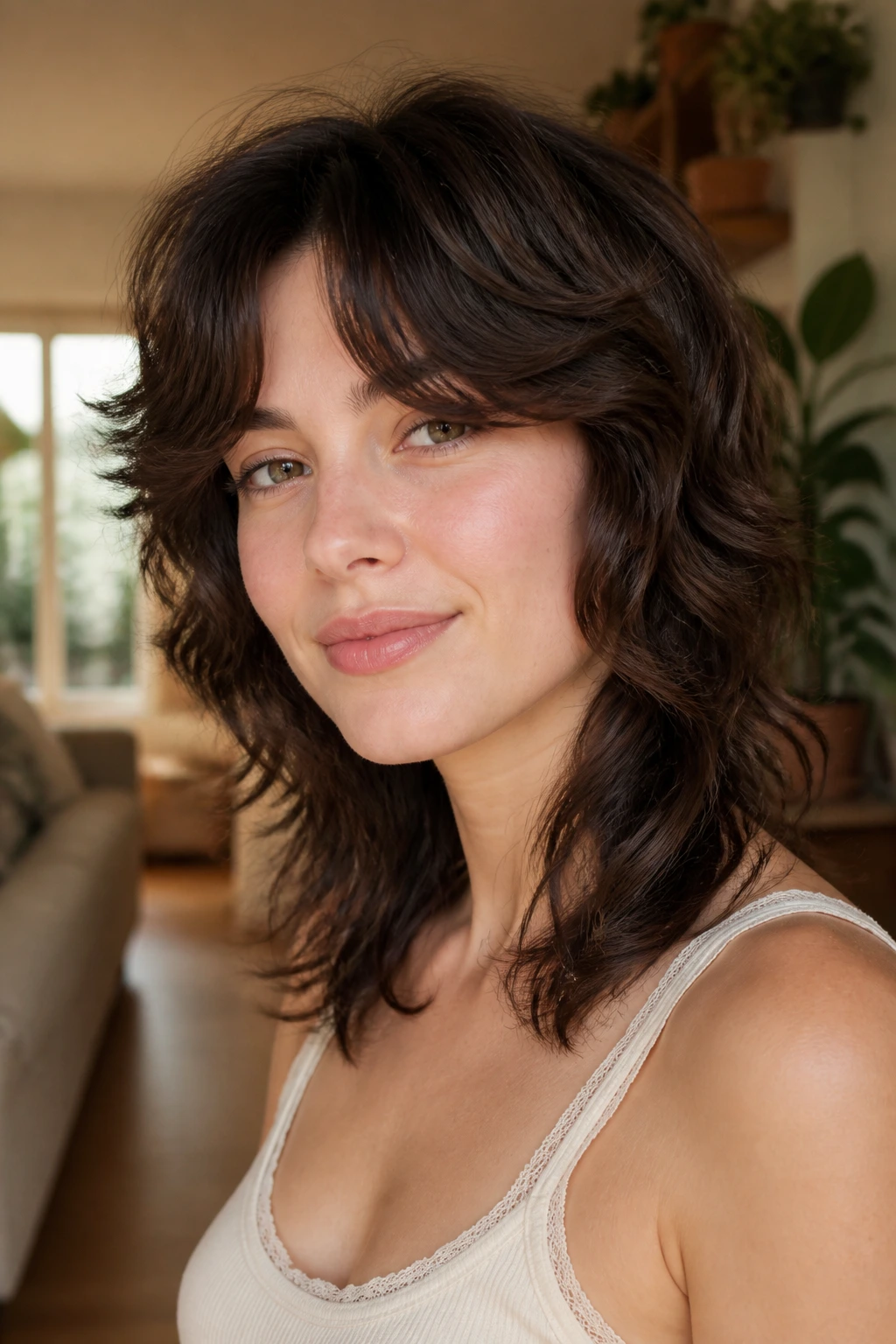 Close-up portrait of a real woman with an S-Curve Wavy Mullet, soft face-framing waves