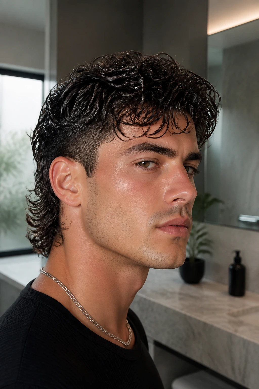 Close-up portrait of real person with wet-look mullet in a modern bathroom