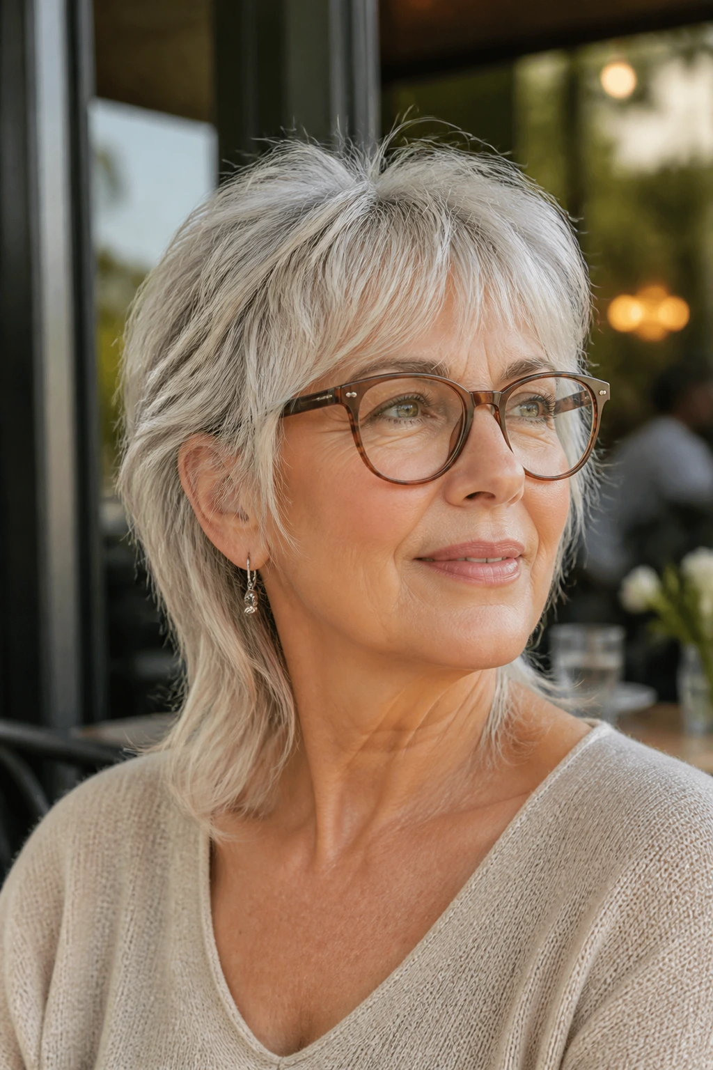 Woman with mullet wearing glasses and earrings, showing face-framing style.