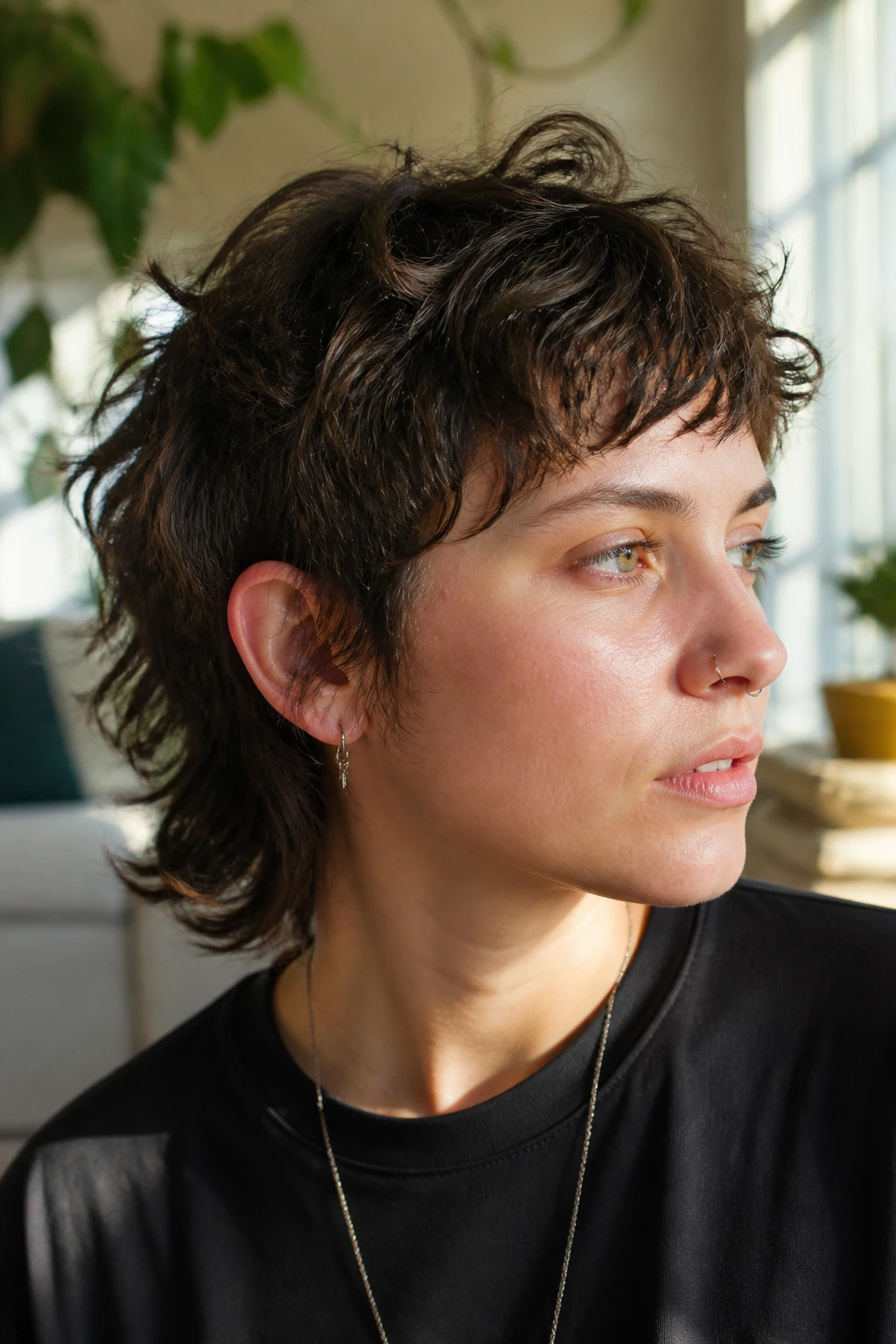 Close-up portrait of a real person with wolf-cut mullet in sunlit living room