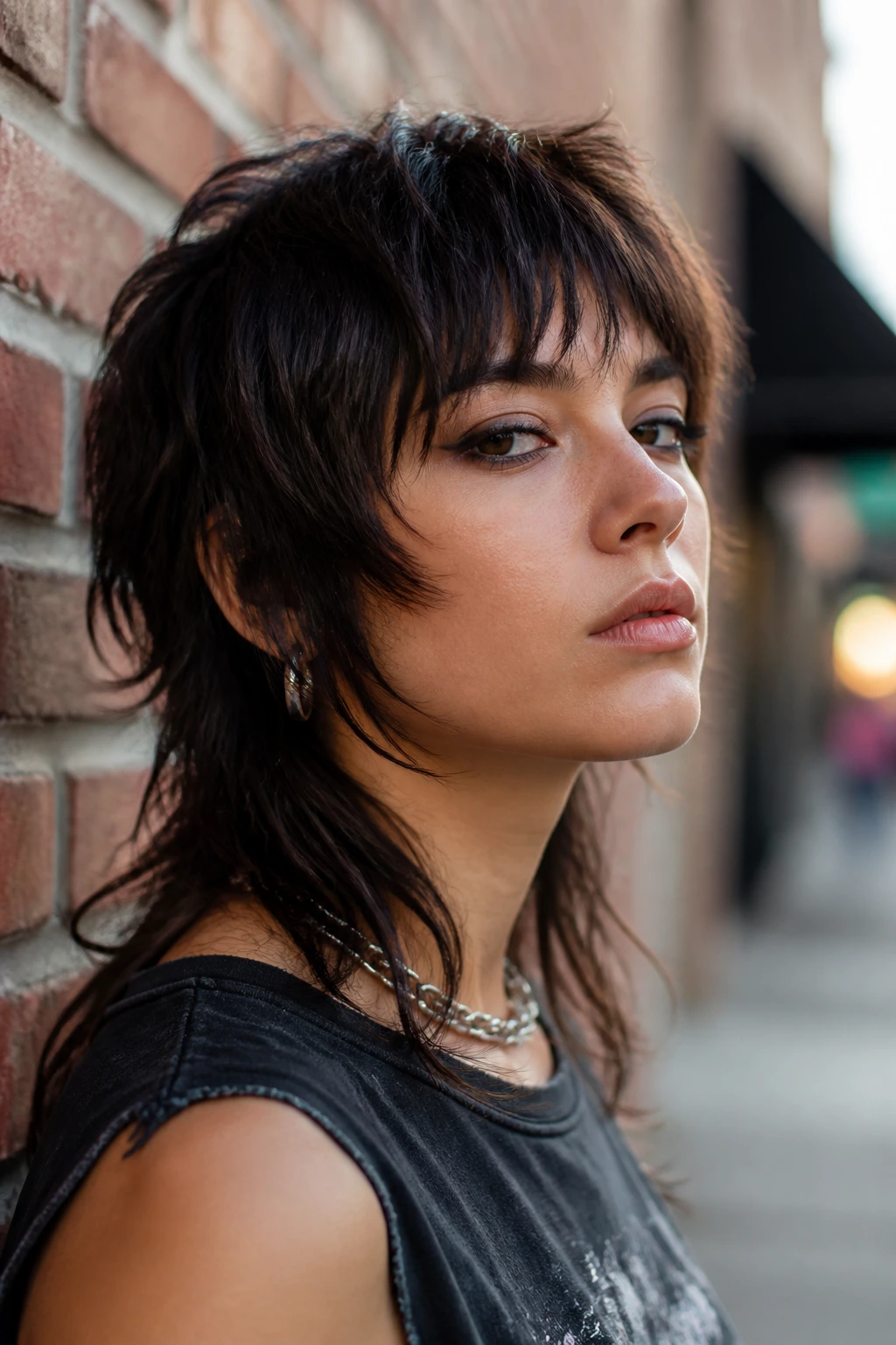 Close-up portrait of a real person with Mullet-Leaning Wolf Cut against brick wall