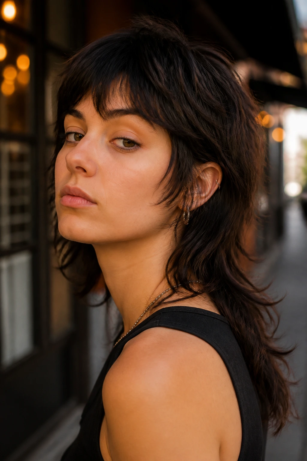 Close-up of a real person with mullet-leaning wolf cut showing short front and long back with textured ends.