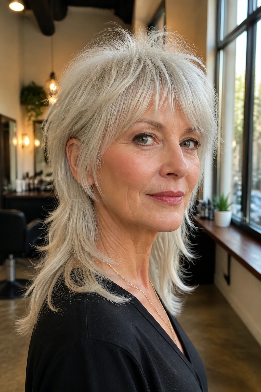 Close-up portrait of a real woman with a mullet-leaning wolf cut in platinum, airy front, soft tail.