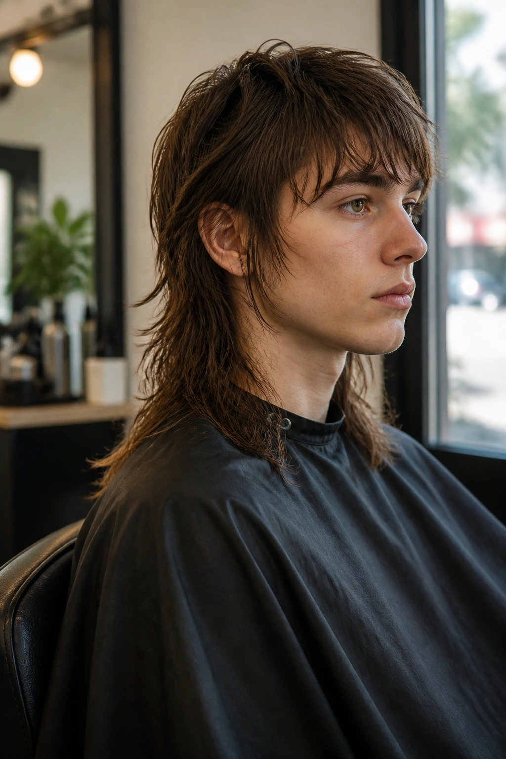 Portrait of a real person with a long shaggy mullet in a salon setting