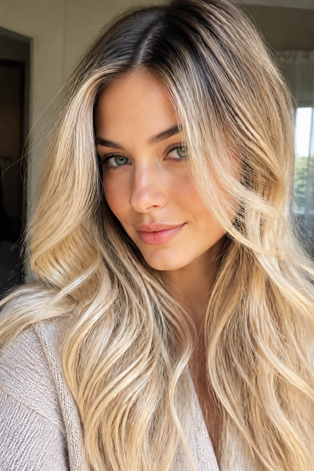 Portrait of a real woman with multi-tonal blonde hair gradient.