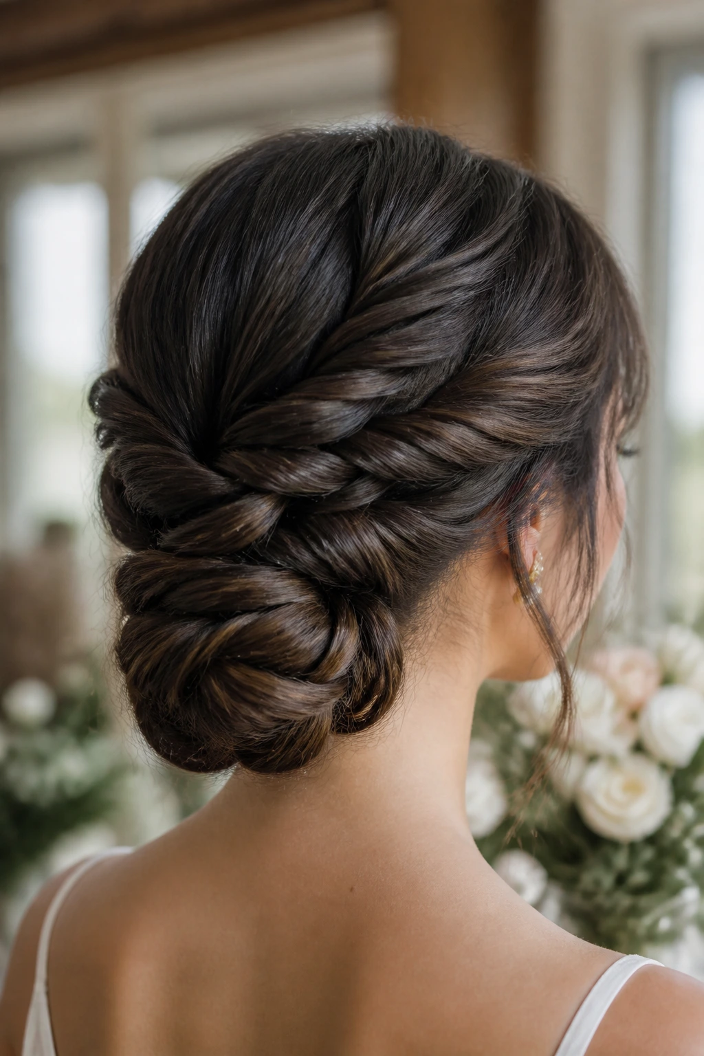Real woman with thick hair styled into a multi-twist low bun