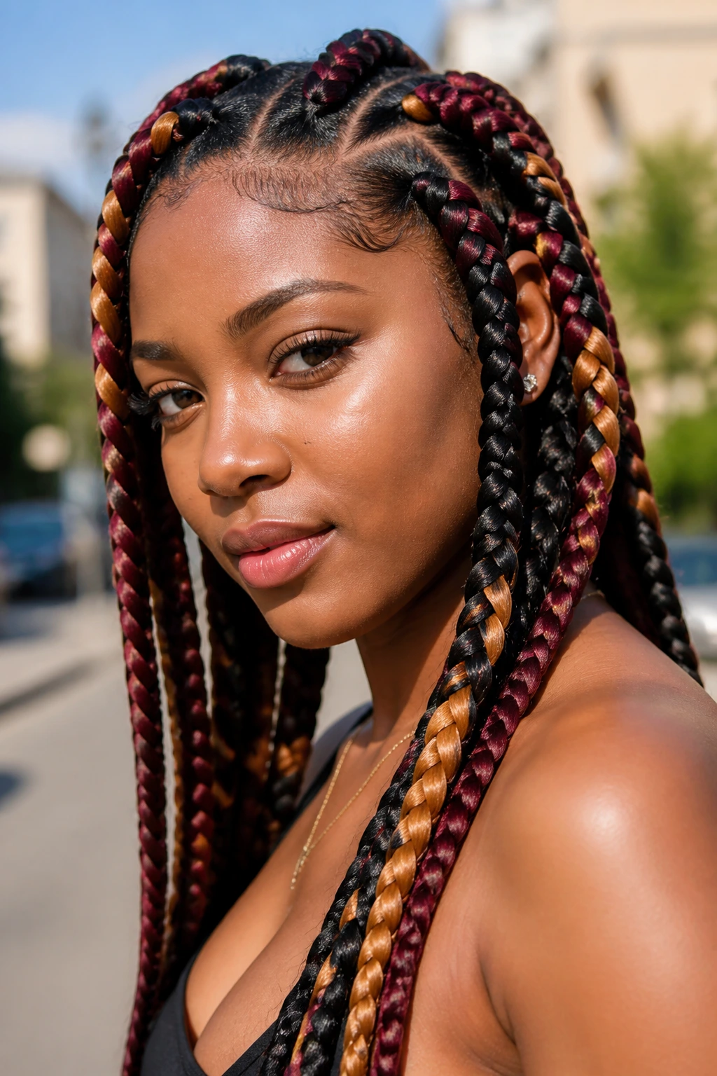 Close-up of a real woman with multicolor jumbo feed-in braids