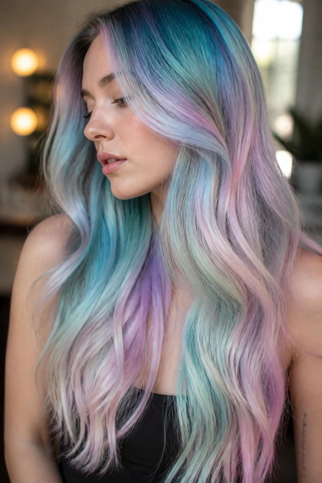 Close-up of a real woman with a soft, multicolor mermaid veil across long hair