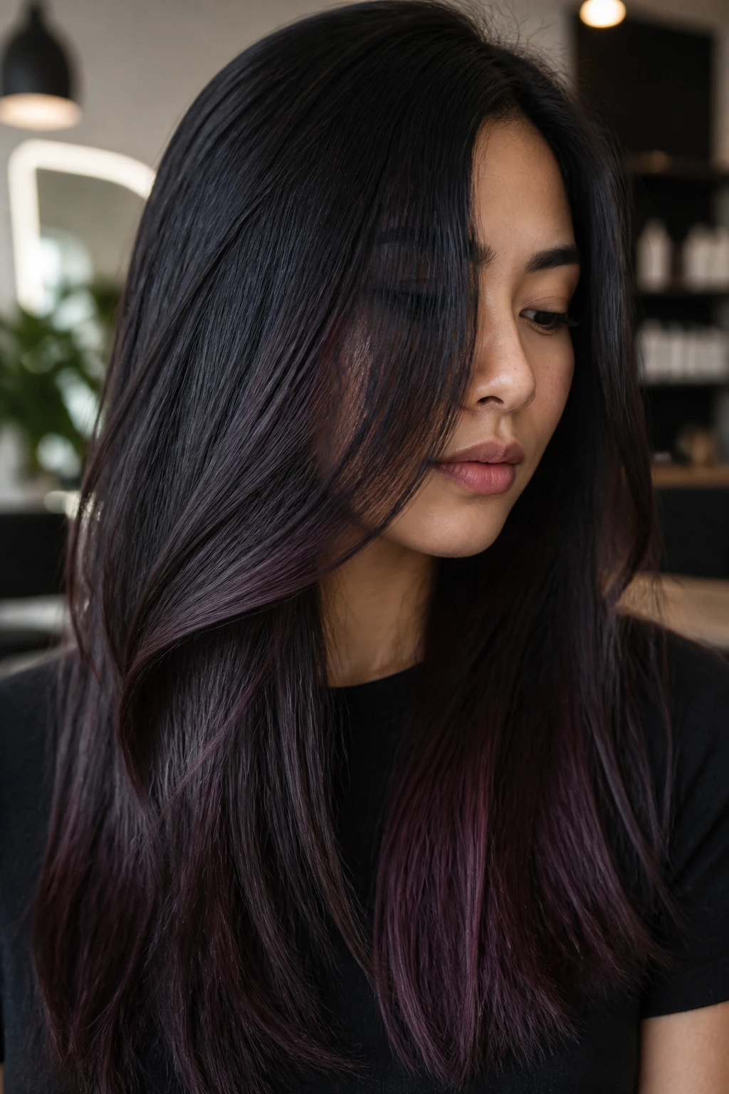 Portrait of multidimensional black hair with subtle plum and graphite tones