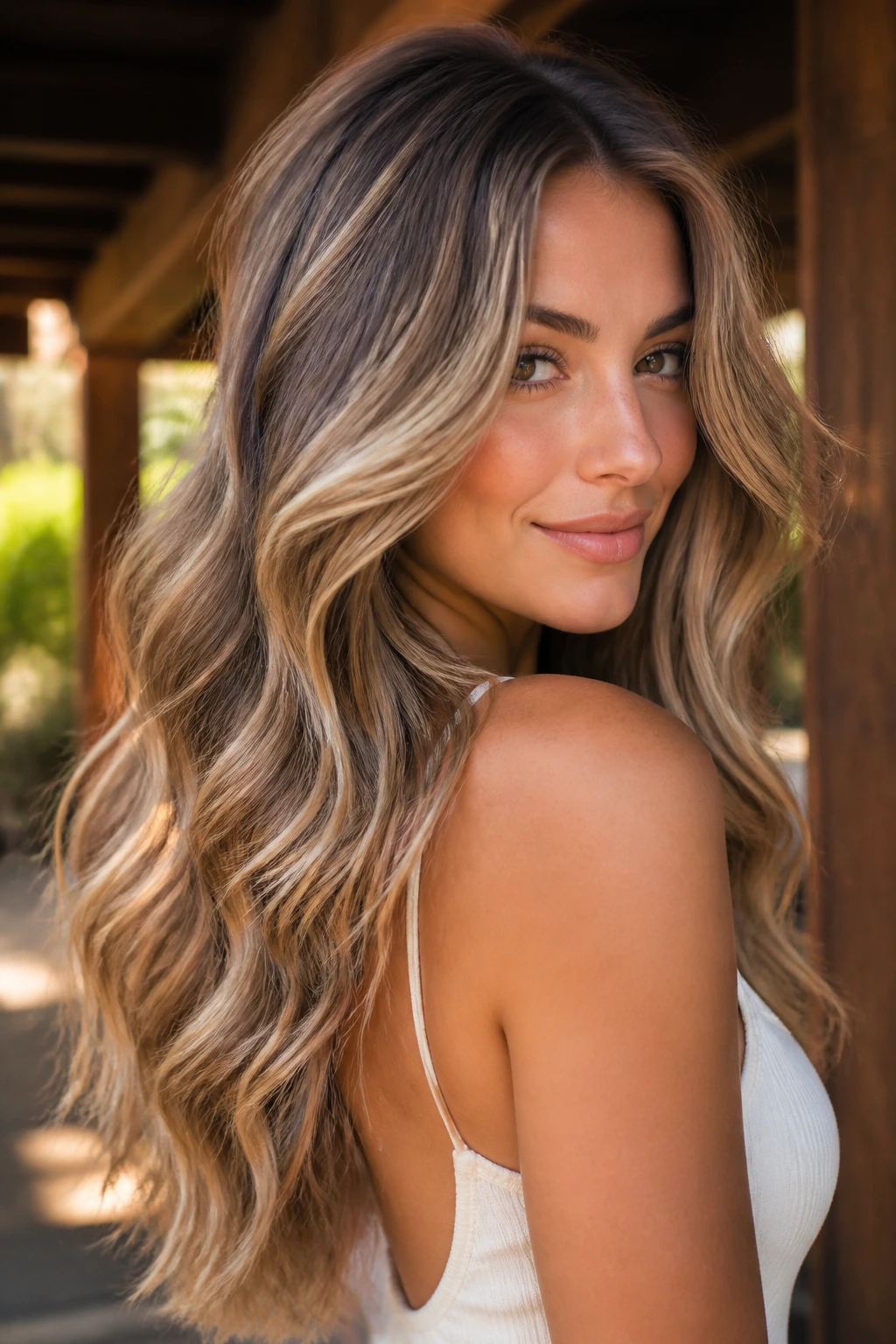 Medium close-up of a real woman with long waves and multi-tonal babylights.
