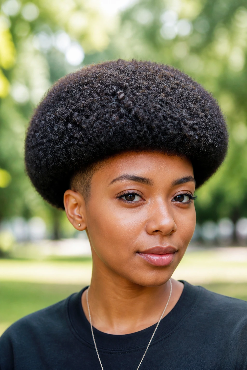 Portrait of a person with a mushroom afro shape outdoors