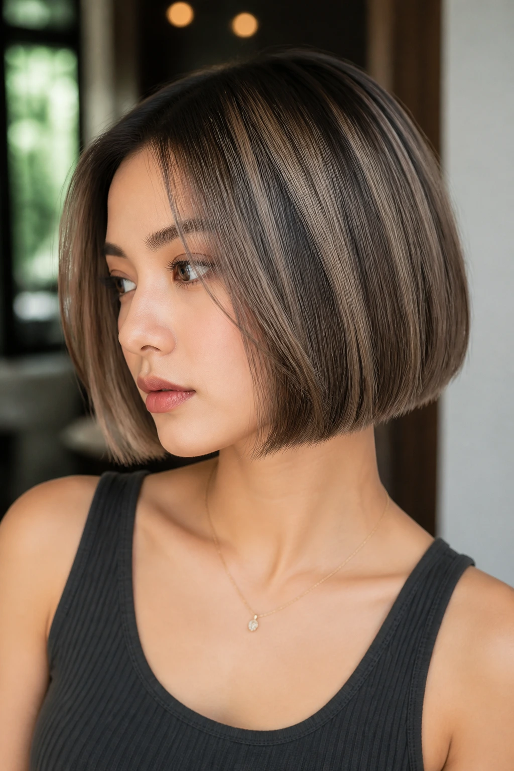 Close-up of blunt short cut with mushroom brown balayage on a real person