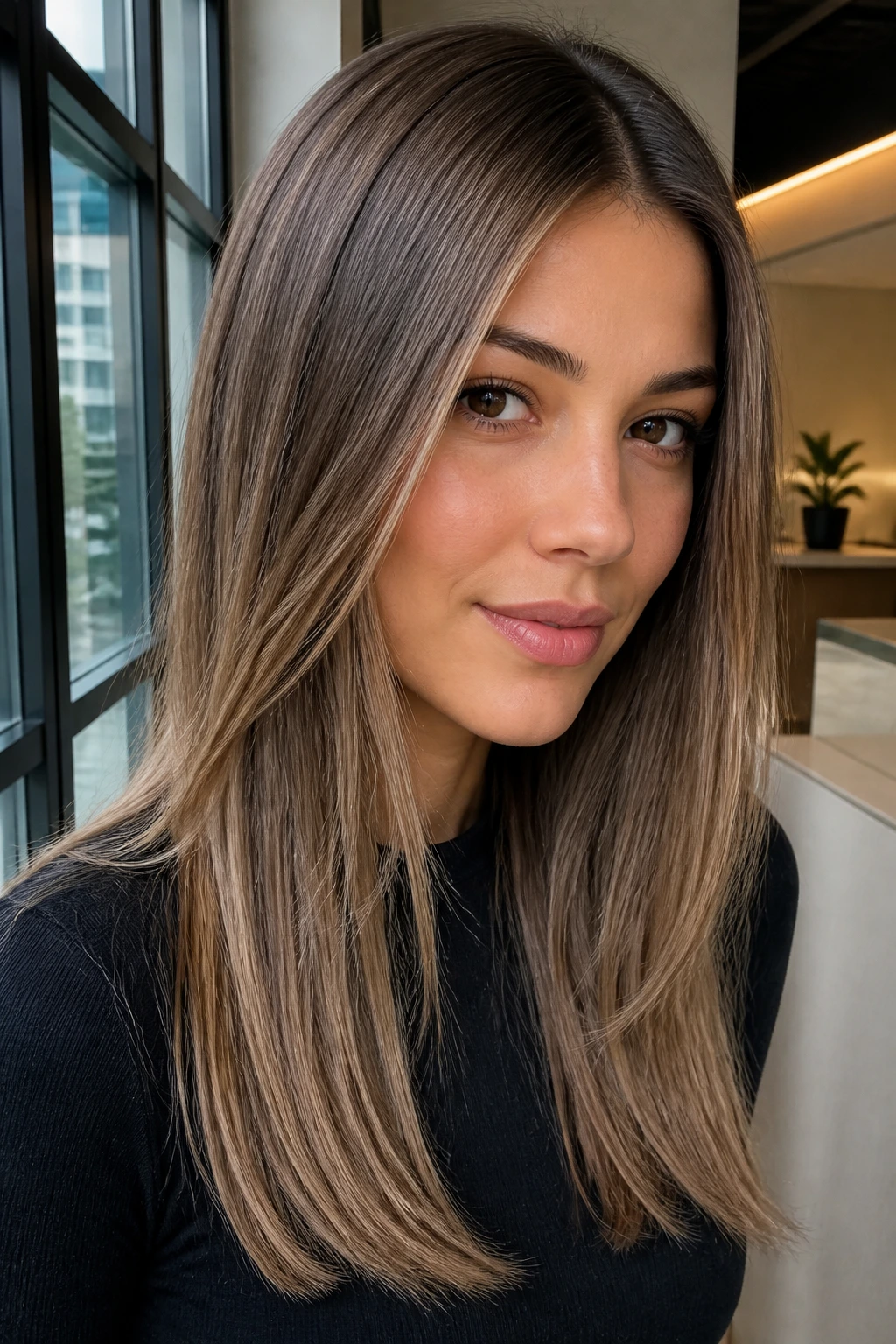 Close-up of straight hair with cool mushroom brown balayage tones