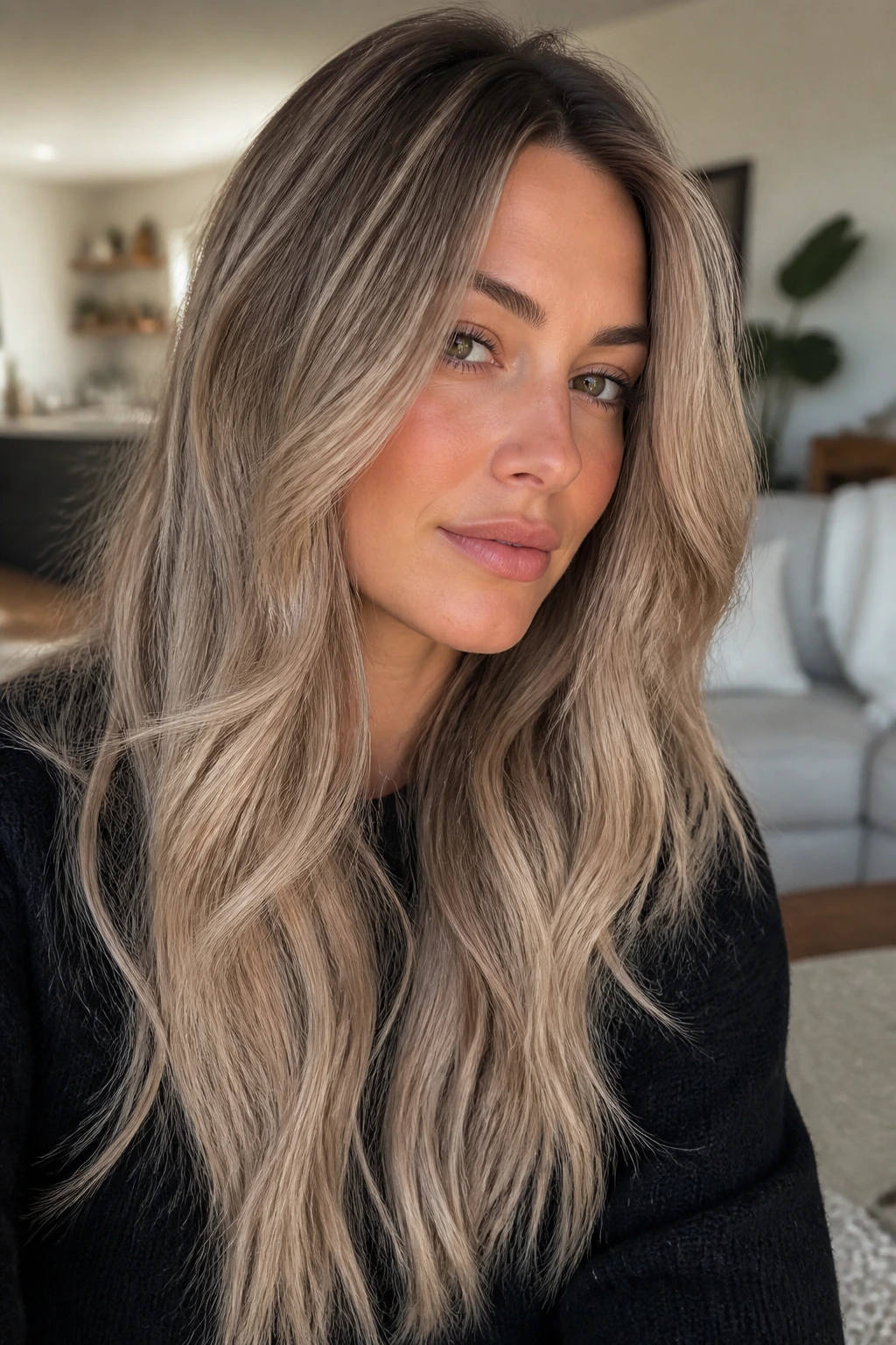 Real person with mushroom beige blonde hair and taupe beige tones in soft waves.