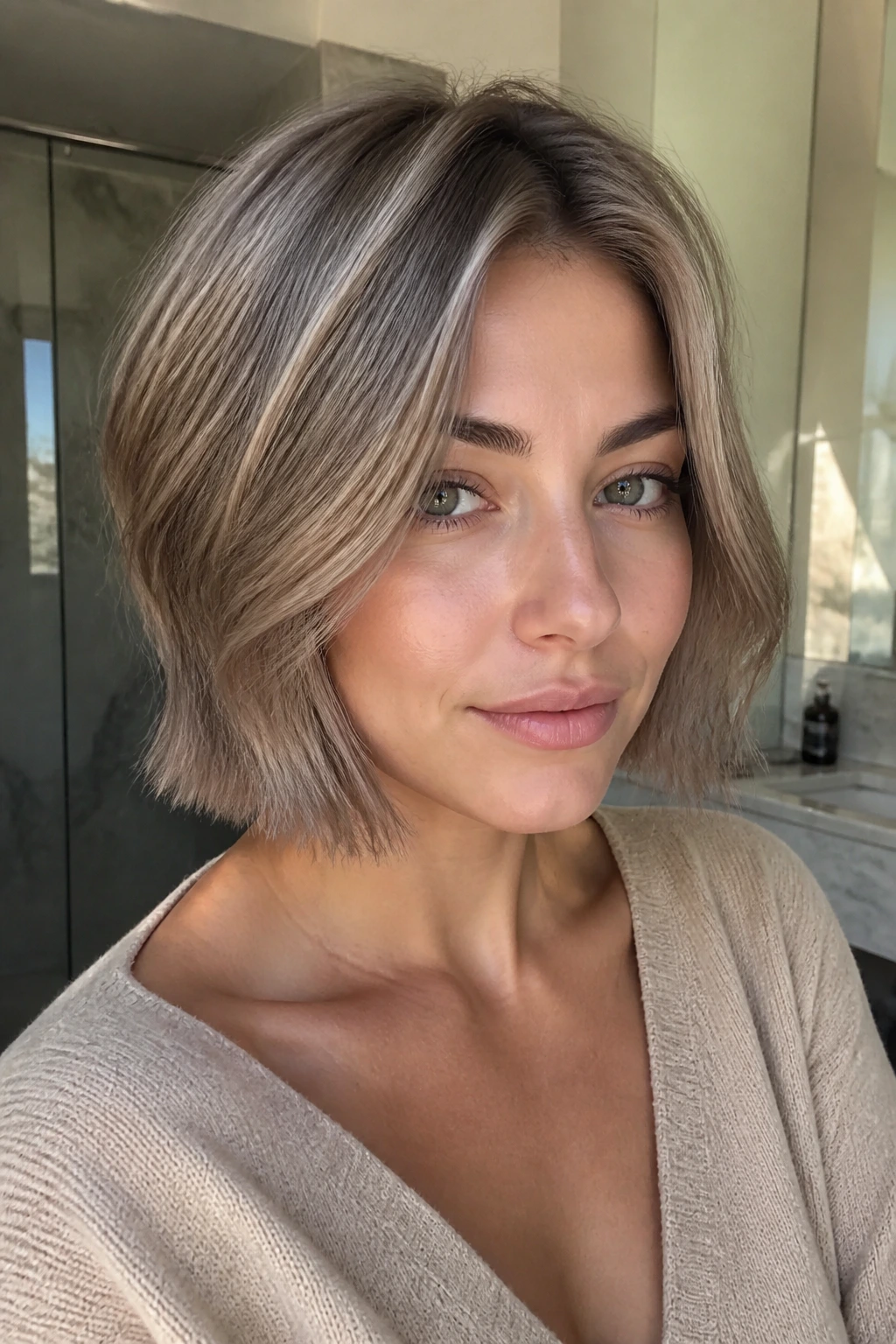 Close-up portrait of a woman with mushroom beige bob.