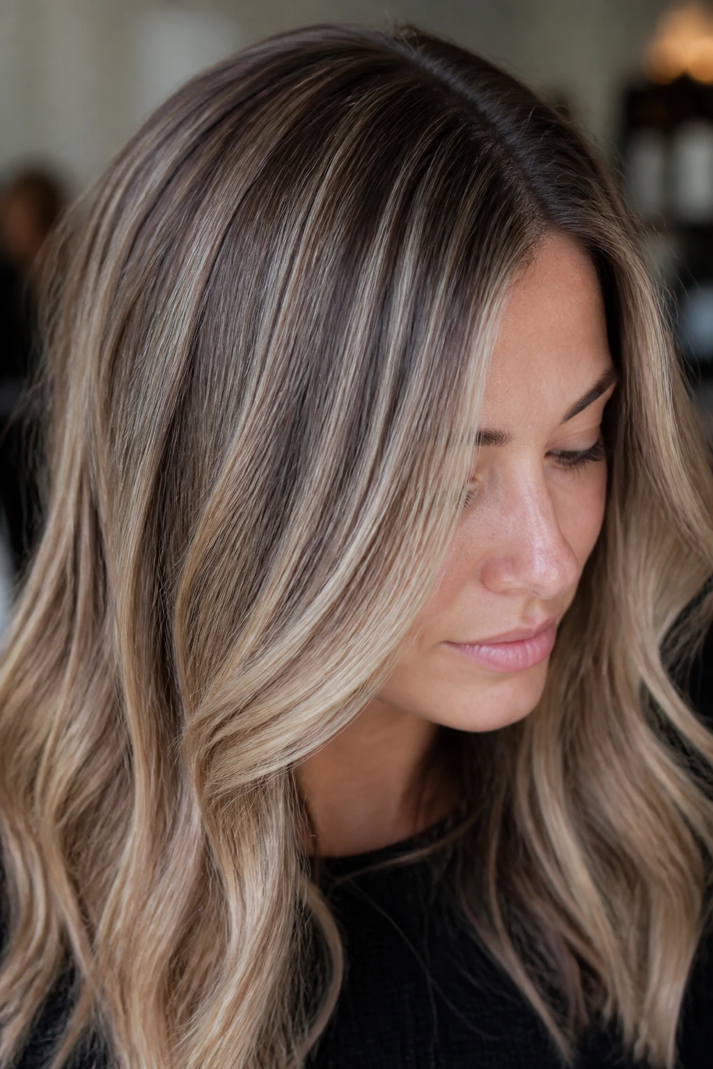 Close-up of dark blonde hair with mushroom beige babylights at crown and temples.