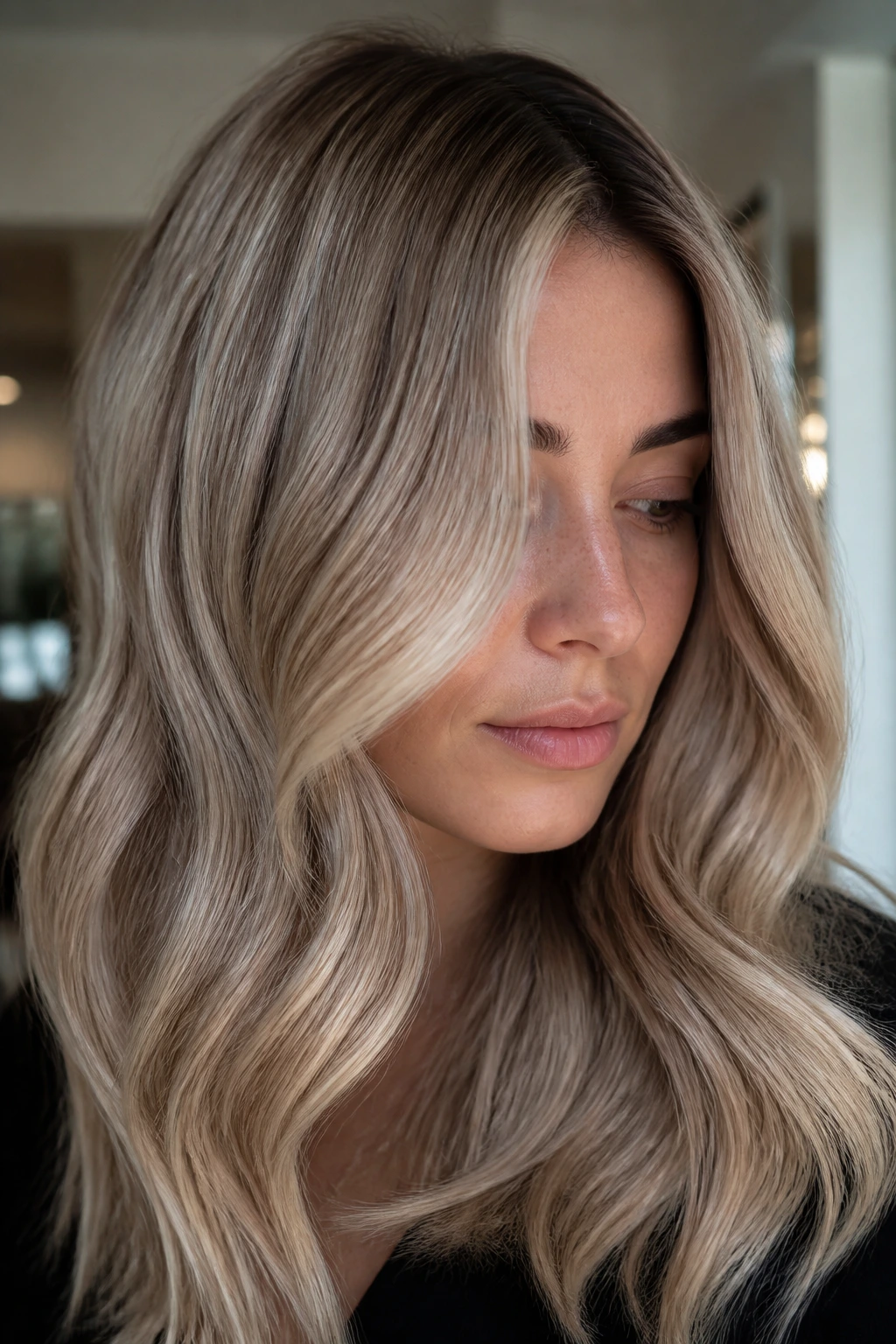 Close-up portrait of a real woman with mushroom beige champagne blonde and ash tones in a modern interior.