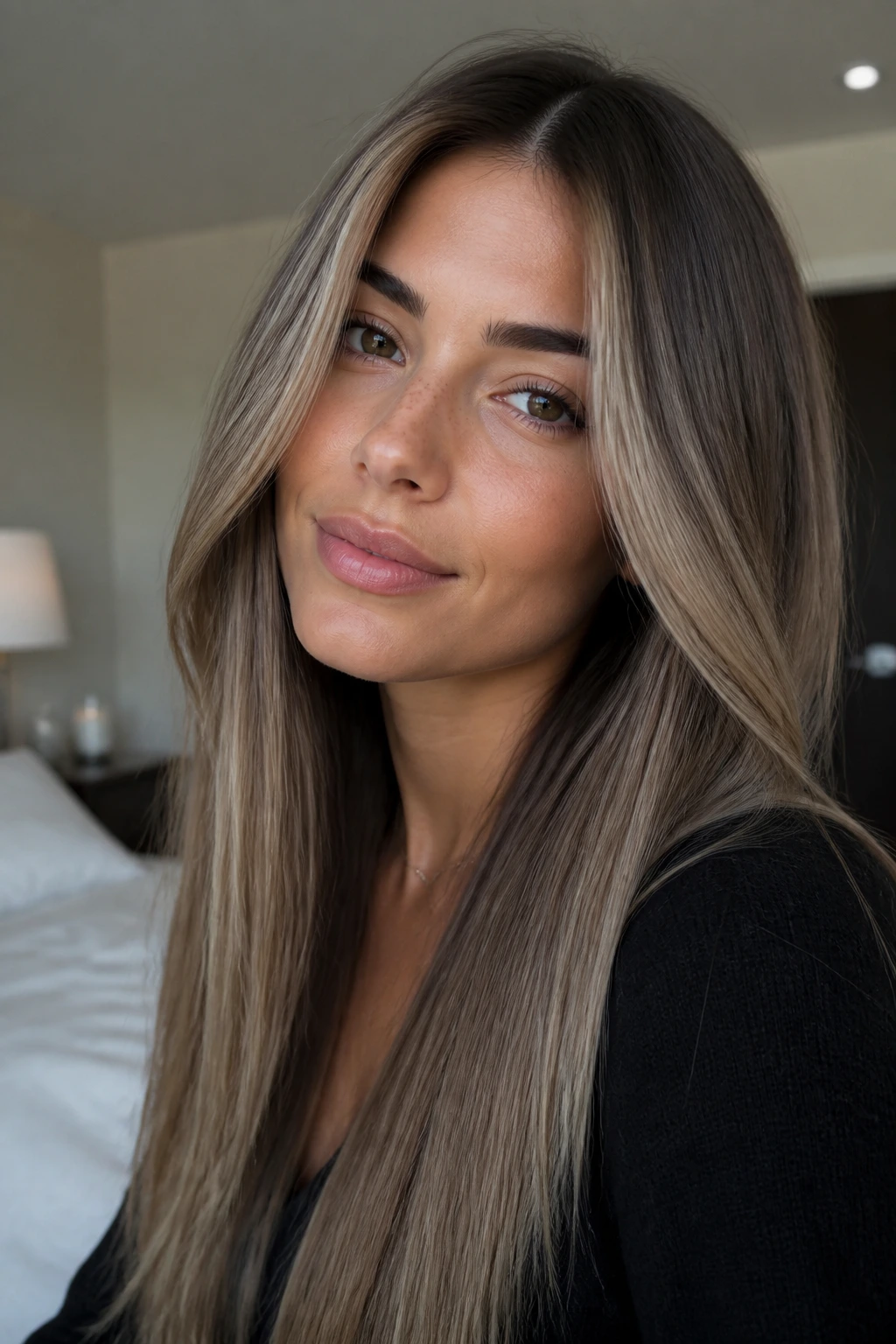 Close-up portrait of a real woman with mushroom beige face-frame balayage framing the face