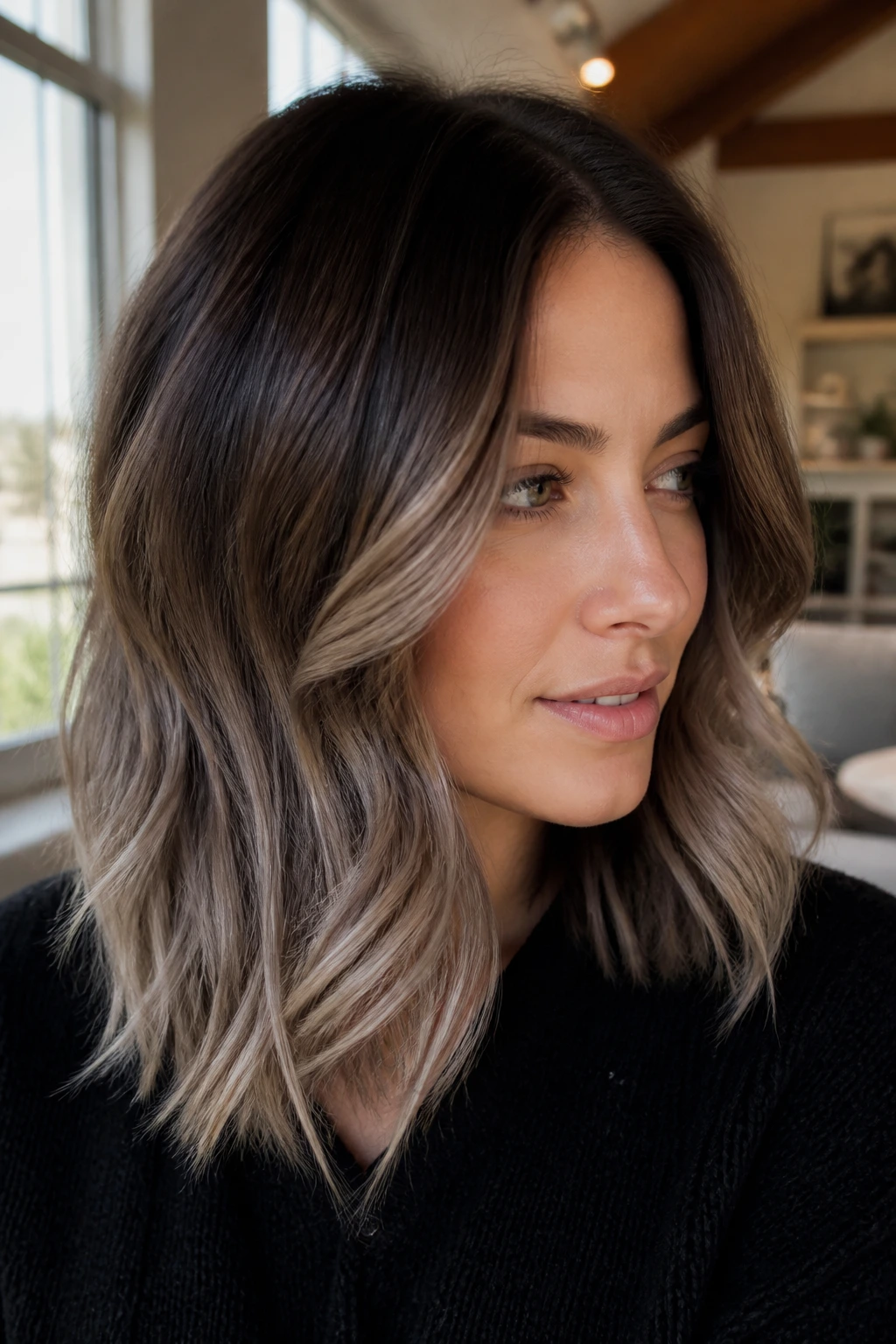 Close-up portrait of a real woman with mushroom beige ombré hair and brunette roots fading to beige ends.