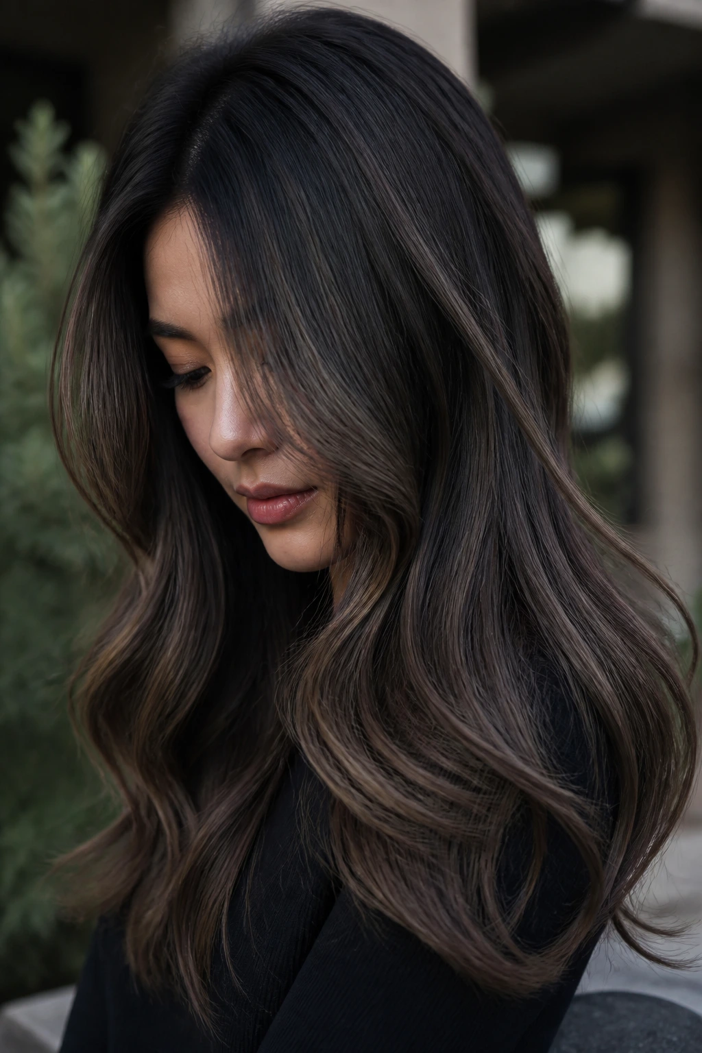 Portrait of a real person with mushroom black melt hair showing ash brown and taupe tones
