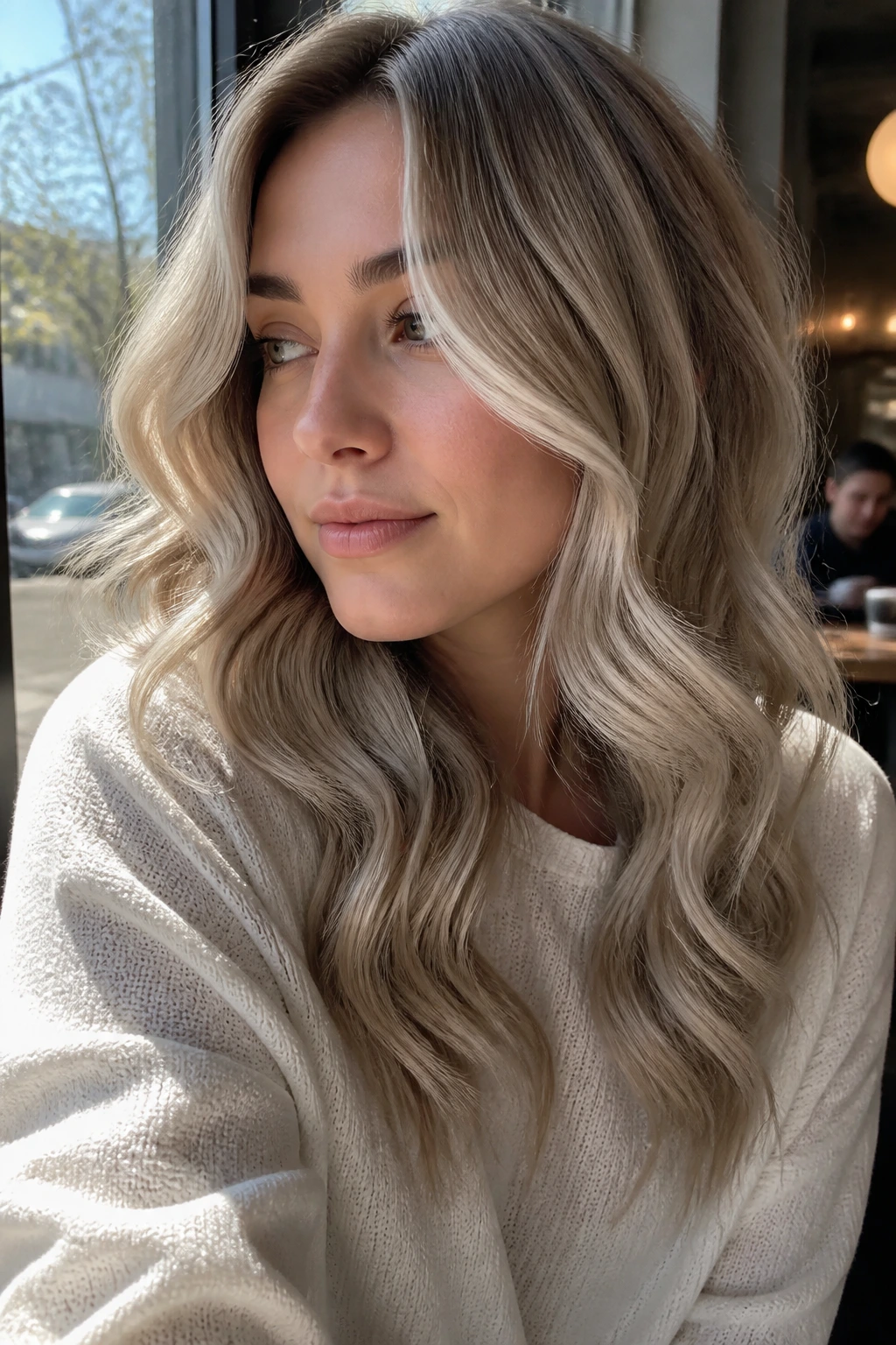 Real woman with mushroom blonde blend in natural cafe lighting