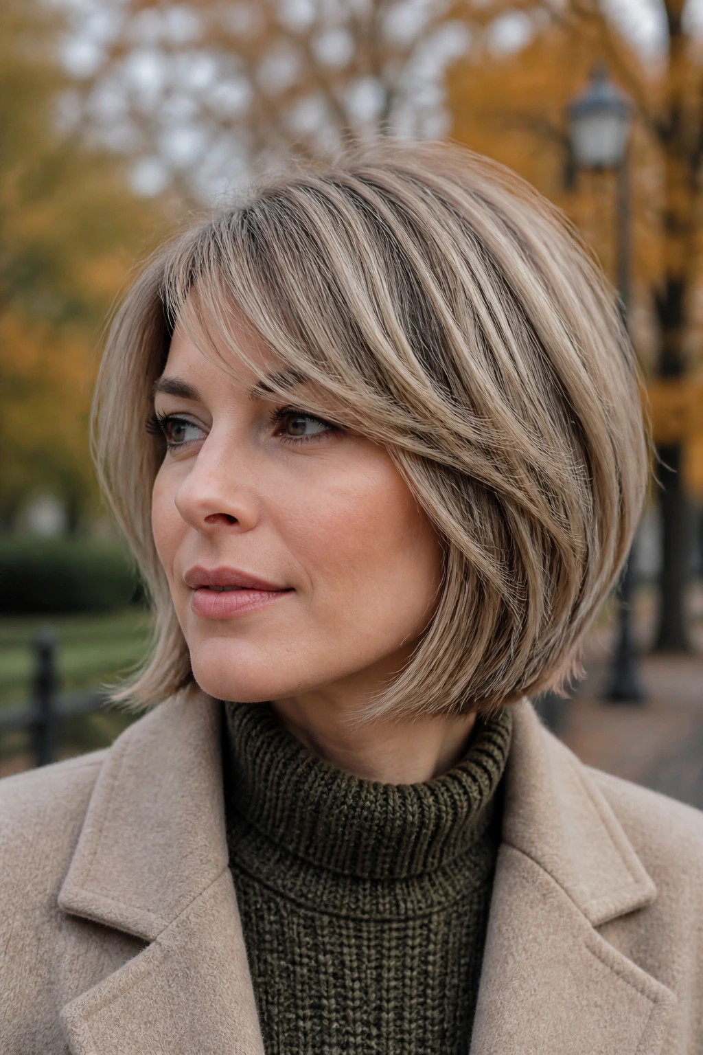 Portrait of a woman with mushroom blonde layered bob in taupe beige tones