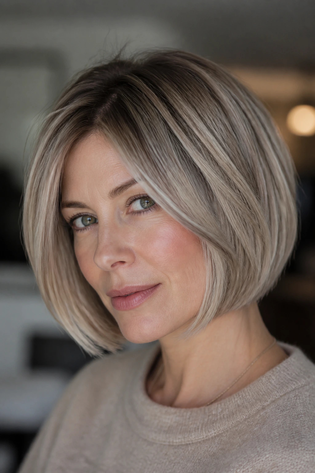 Real person with mushroom blonde bob showing ash-beige tones and root depth
