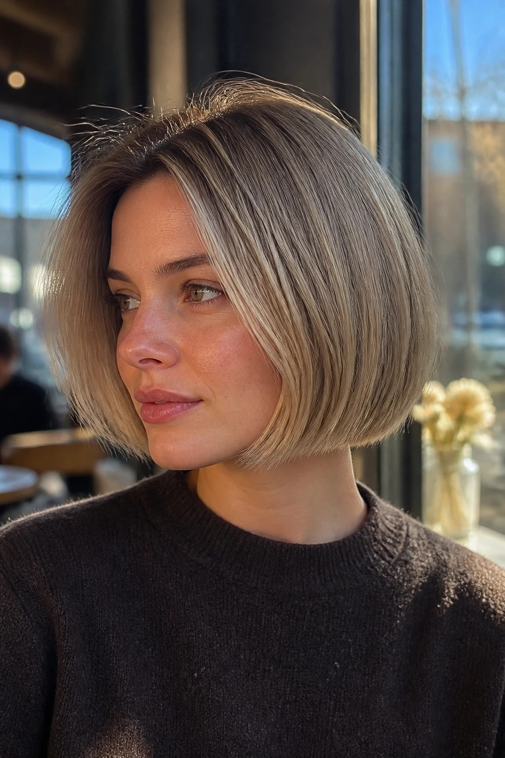 Real woman with mushroom blonde bob and soft root shadow in sunlit cafe setting