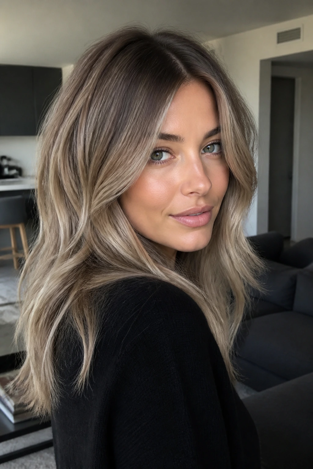 Portrait of a woman with cool mushroom blonde under soft daylight