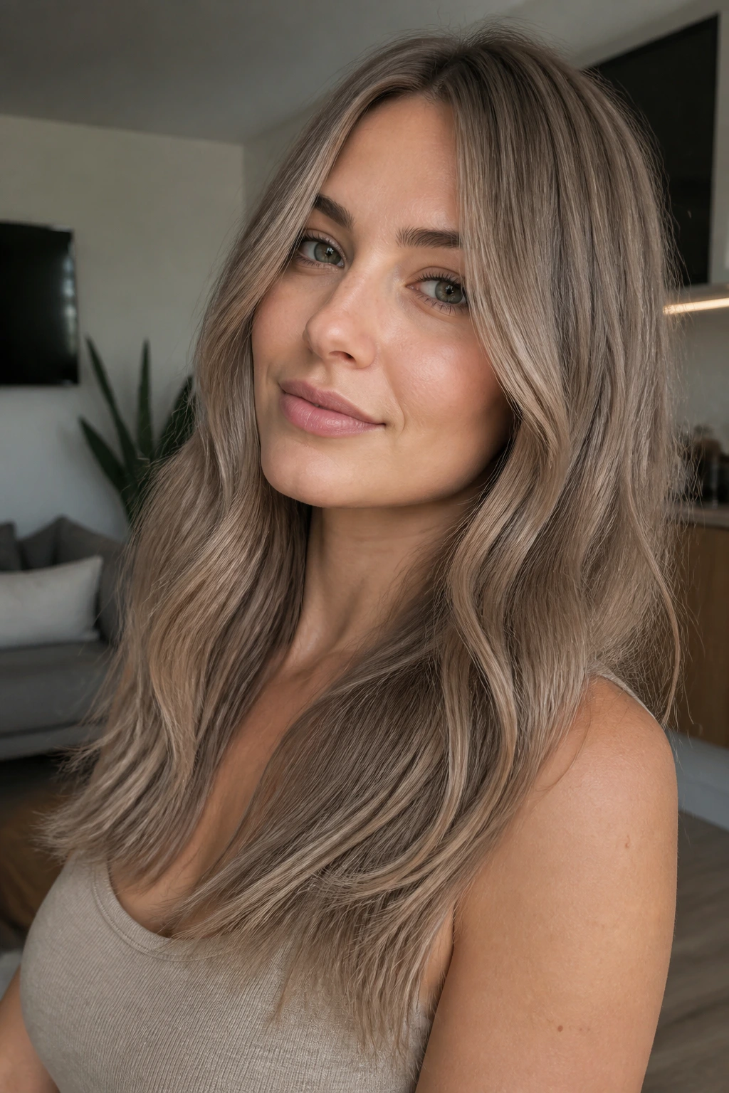 Close-up portrait of a real woman with mushroom blonde cool neutral finish