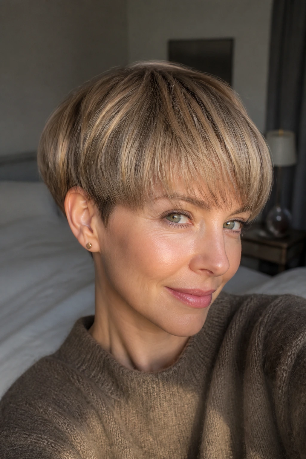 Close-up of a real woman with mushroom blonde cropped hairstyle showing rounded crown and dimensional beige-brown tones.