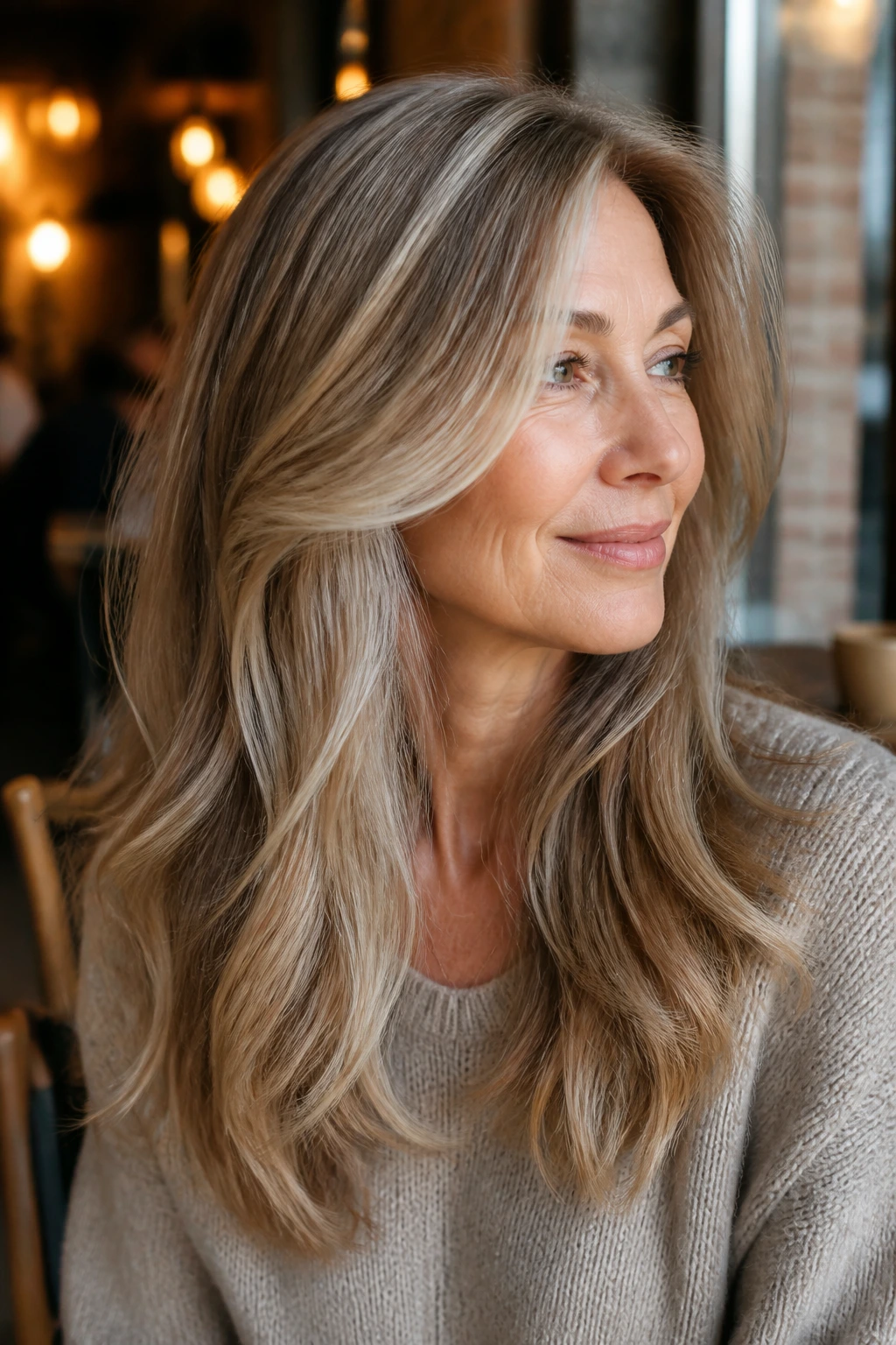 Close-up of a real woman with mushroom blonde hair and depth in warm cafe light