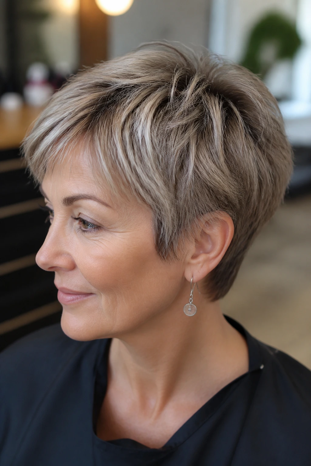 Gray transition with mushroom blonde blending on short hair