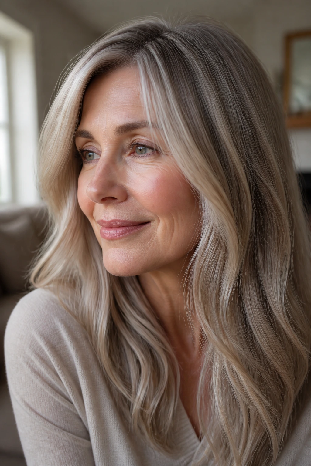 Close-up of a real woman with mushroom blonde hair and taupe beige roots