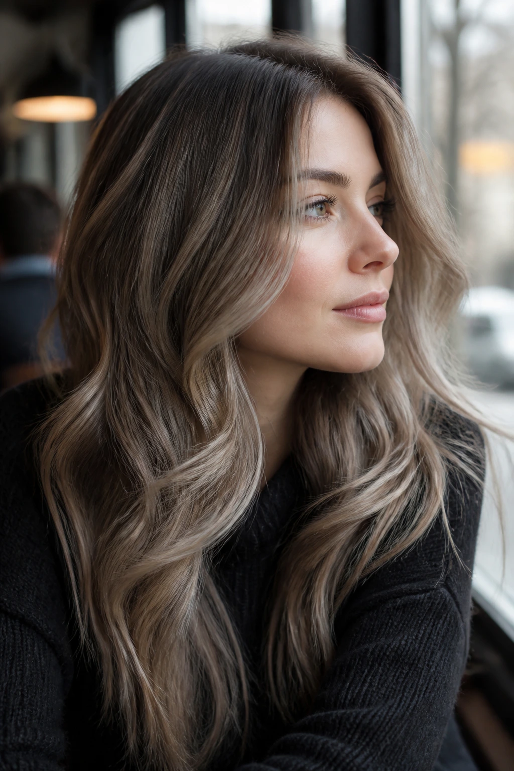 Close-up portrait of a real woman with mushroom blonde hair in smoky taupe tones in natural cafe window light