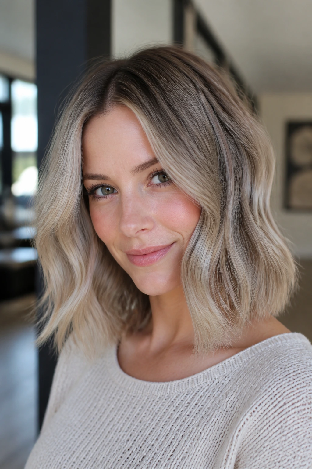 Close-up of a woman with mushroom blonde lob and cooler-toned waves
