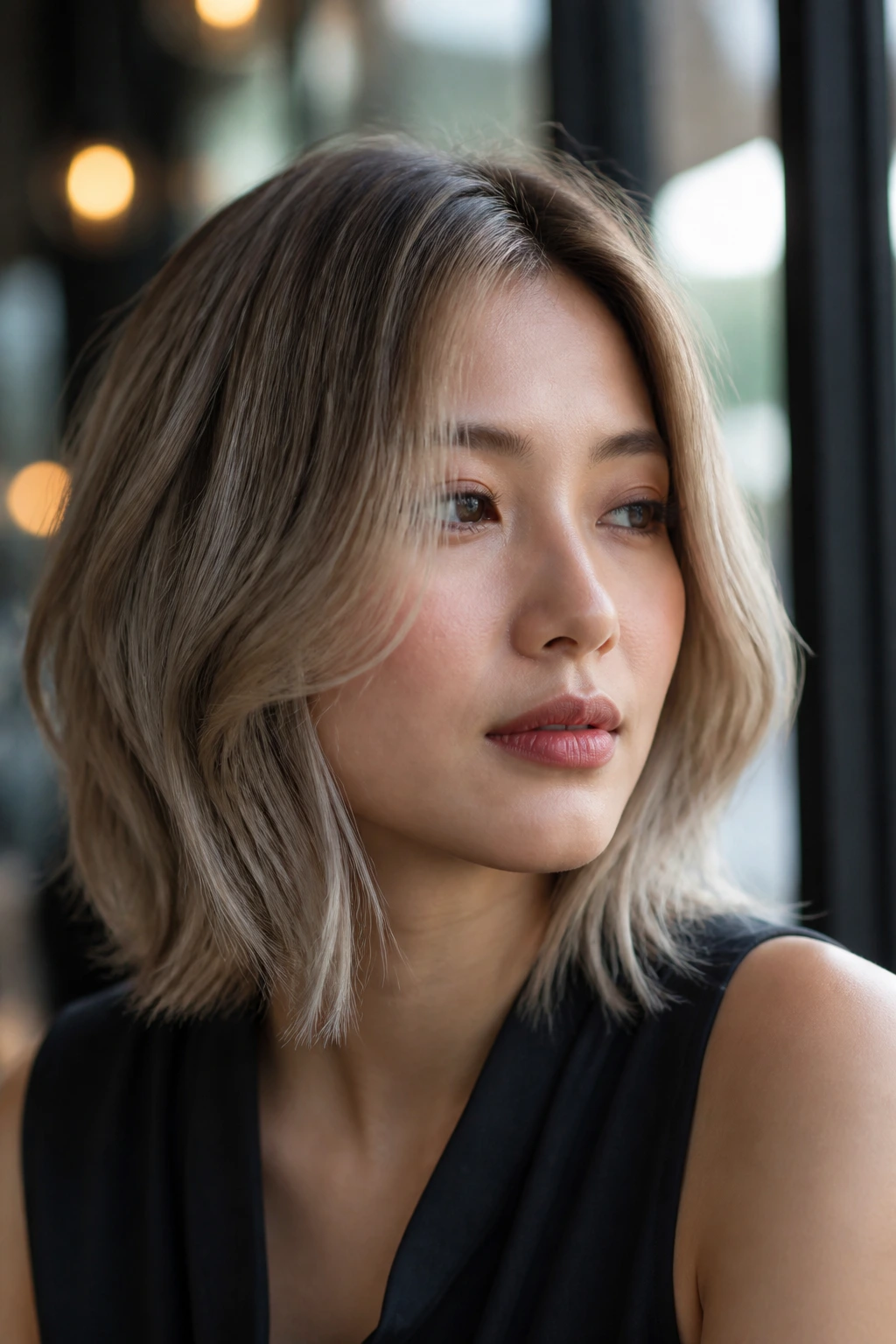 Portrait of a woman with mushroom blonde lob