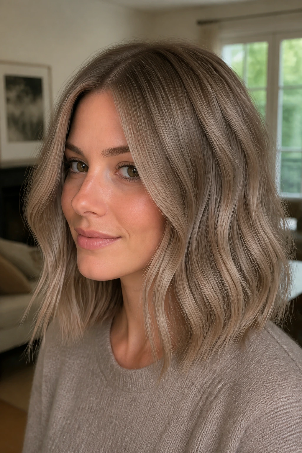 Close-up of mushroom blonde lob on a real person with taupe-beige hair and ash ribbons