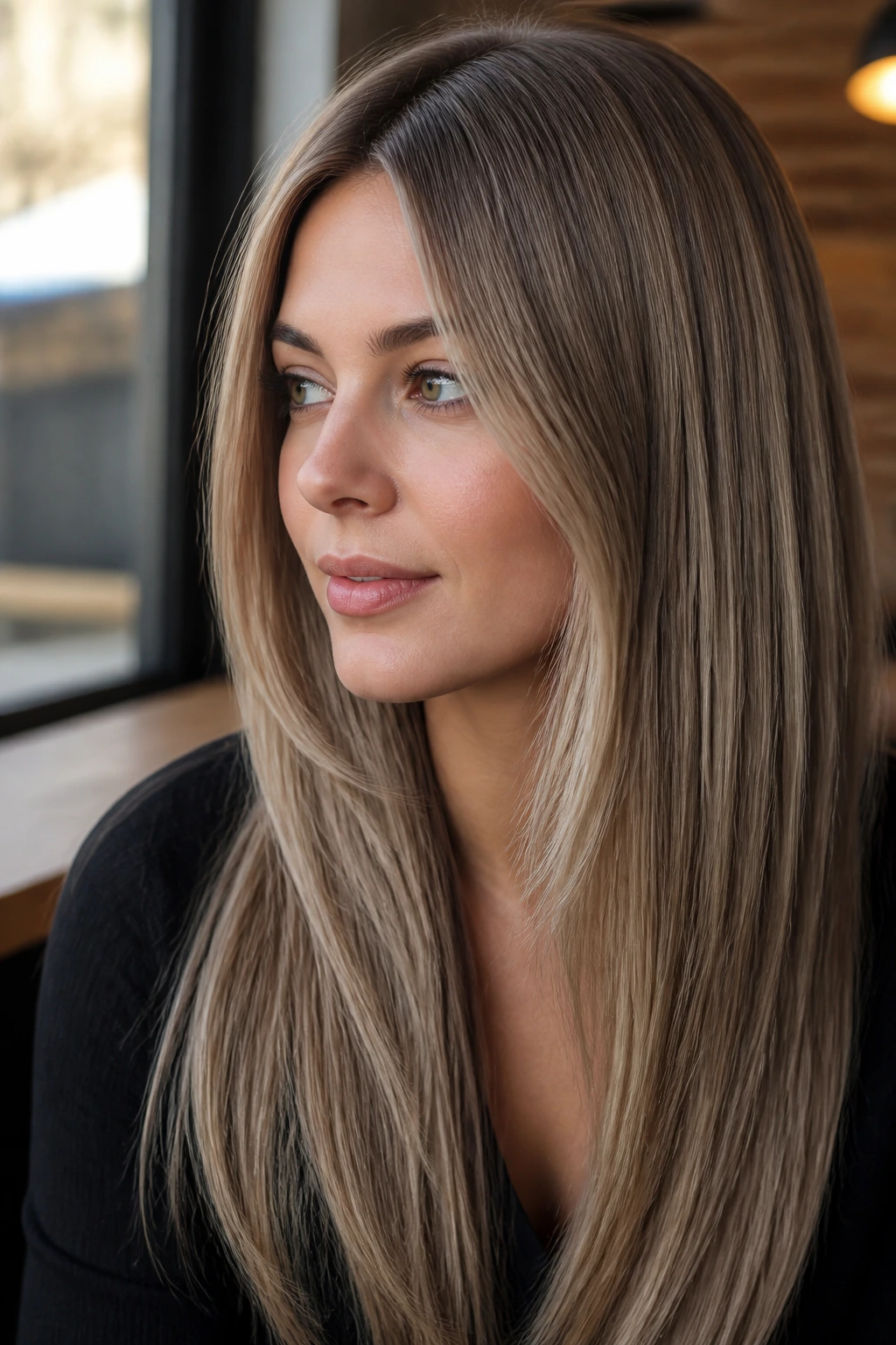 Close-up of a real woman with mushroom blonde hair and muted dimensional tones