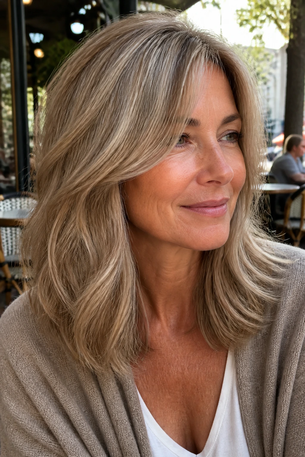 Portrait of a woman with mushroom blonde hair and lowlights