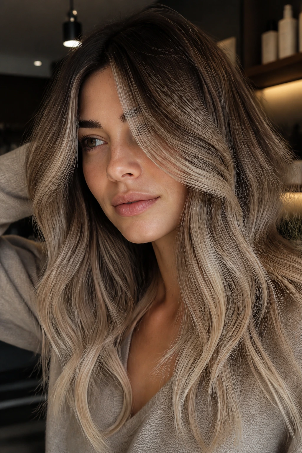 Real woman with mushroom blonde melt transition from dark base to beige ends