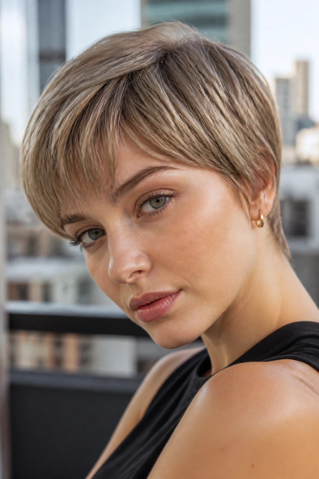 Close-up portrait of a real person with mushroom blonde pixie bob