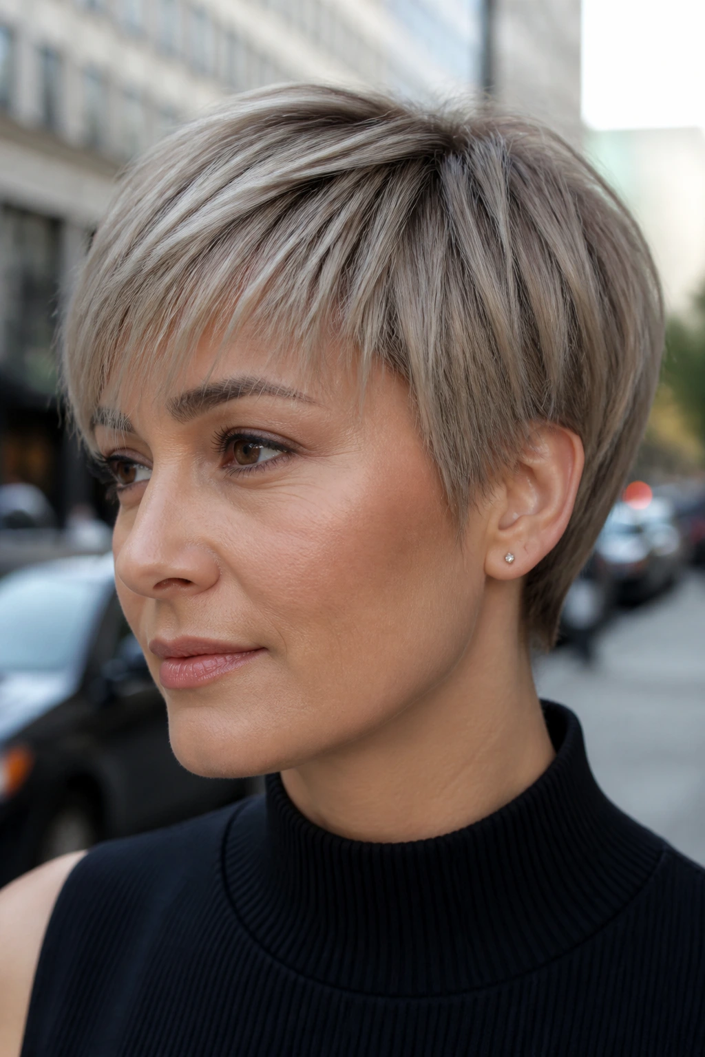 Real person with mushroom blonde pixie cut in taupe-beige shade