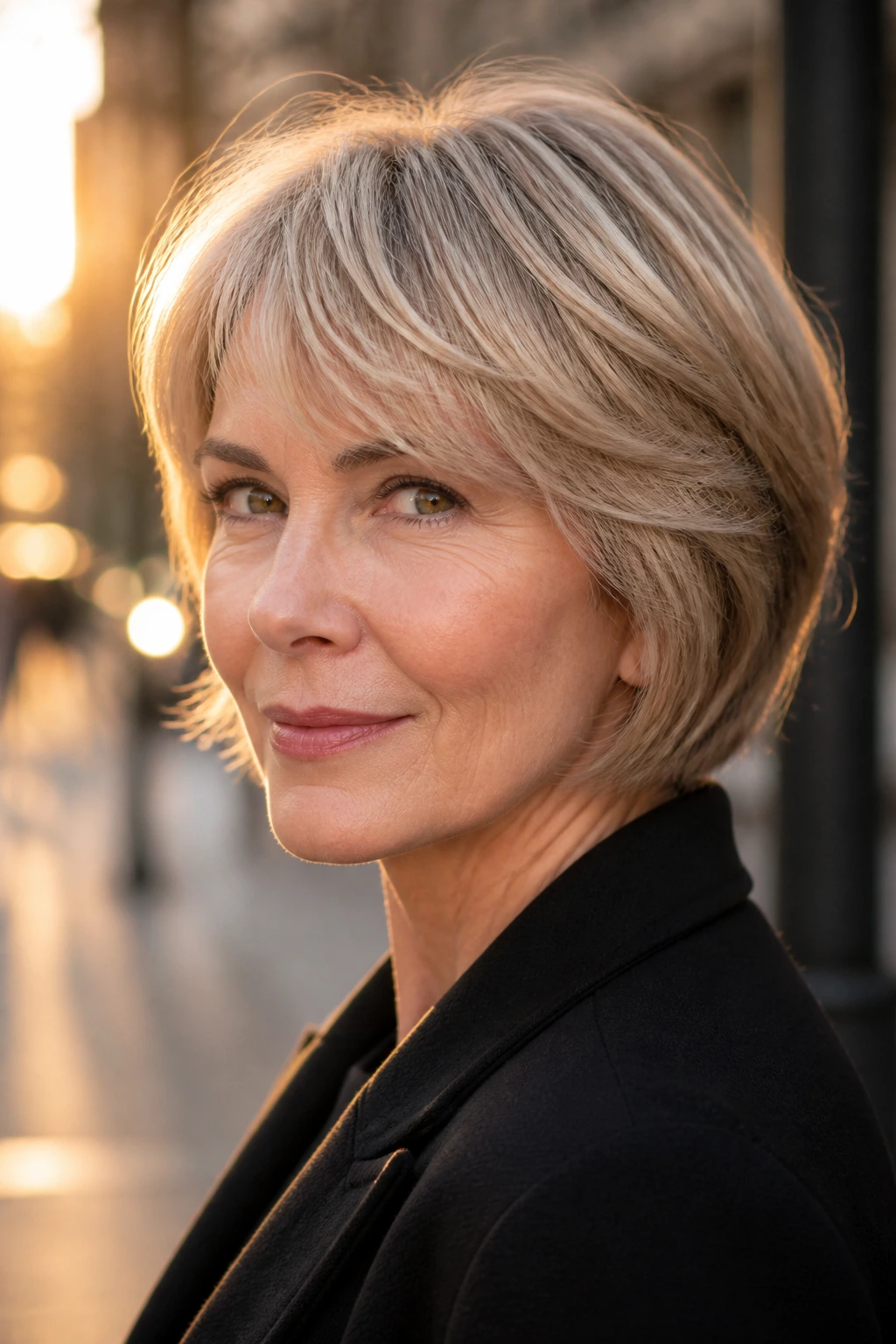 Portrait of a woman with mushroom blonde hair on an urban street at golden hour