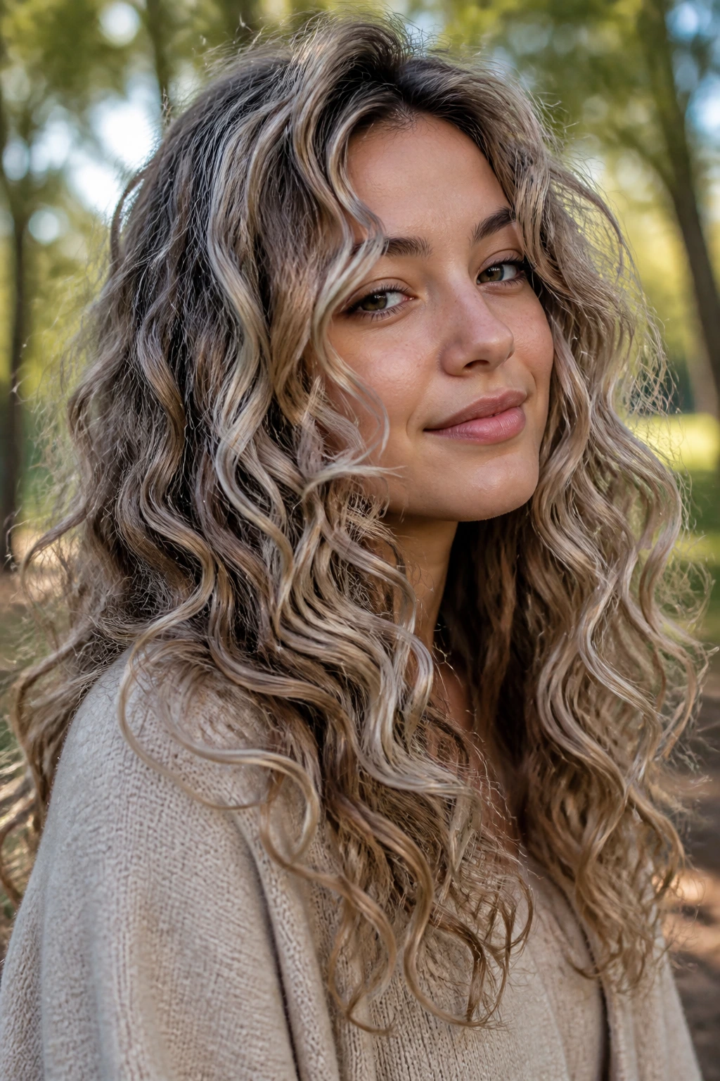 Real woman with long curls showing taupe mushroom blonde ribbons