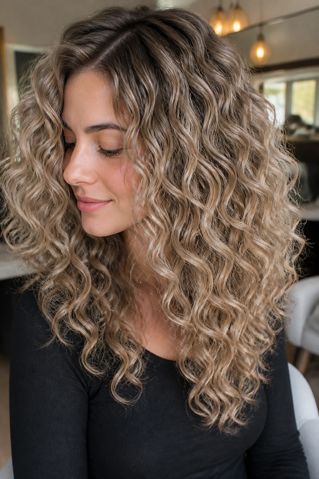Close-up of a real woman with curly hair in mushroom blonde with soft root shadow