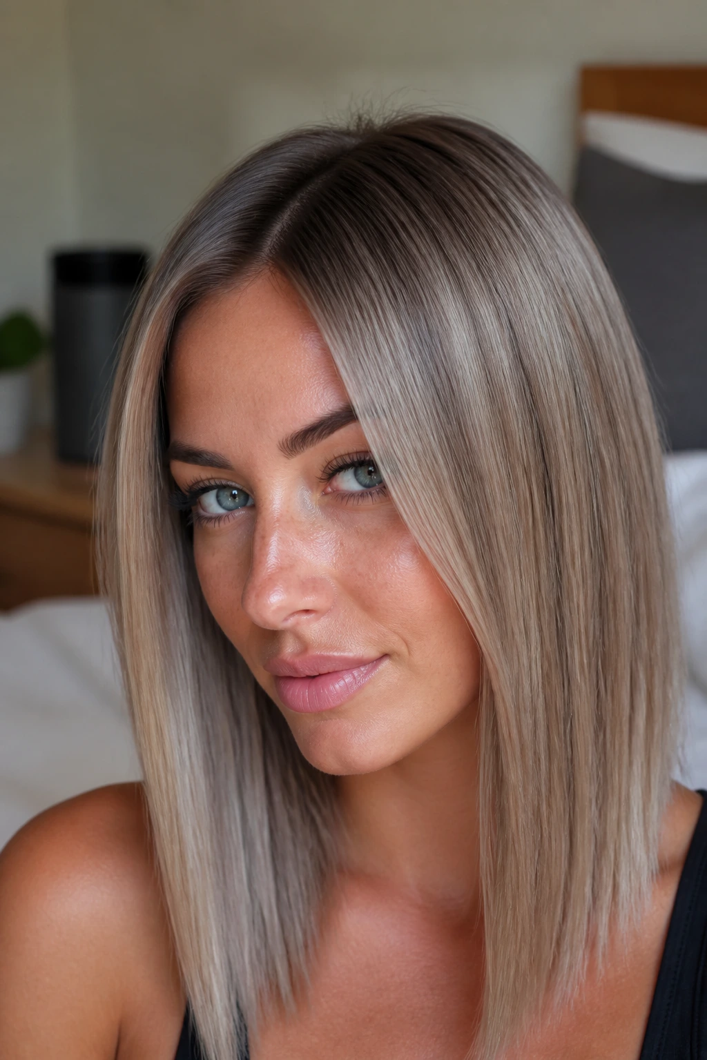 Close-up portrait of a real woman showing mushroom blonde with root shadow in straight hair