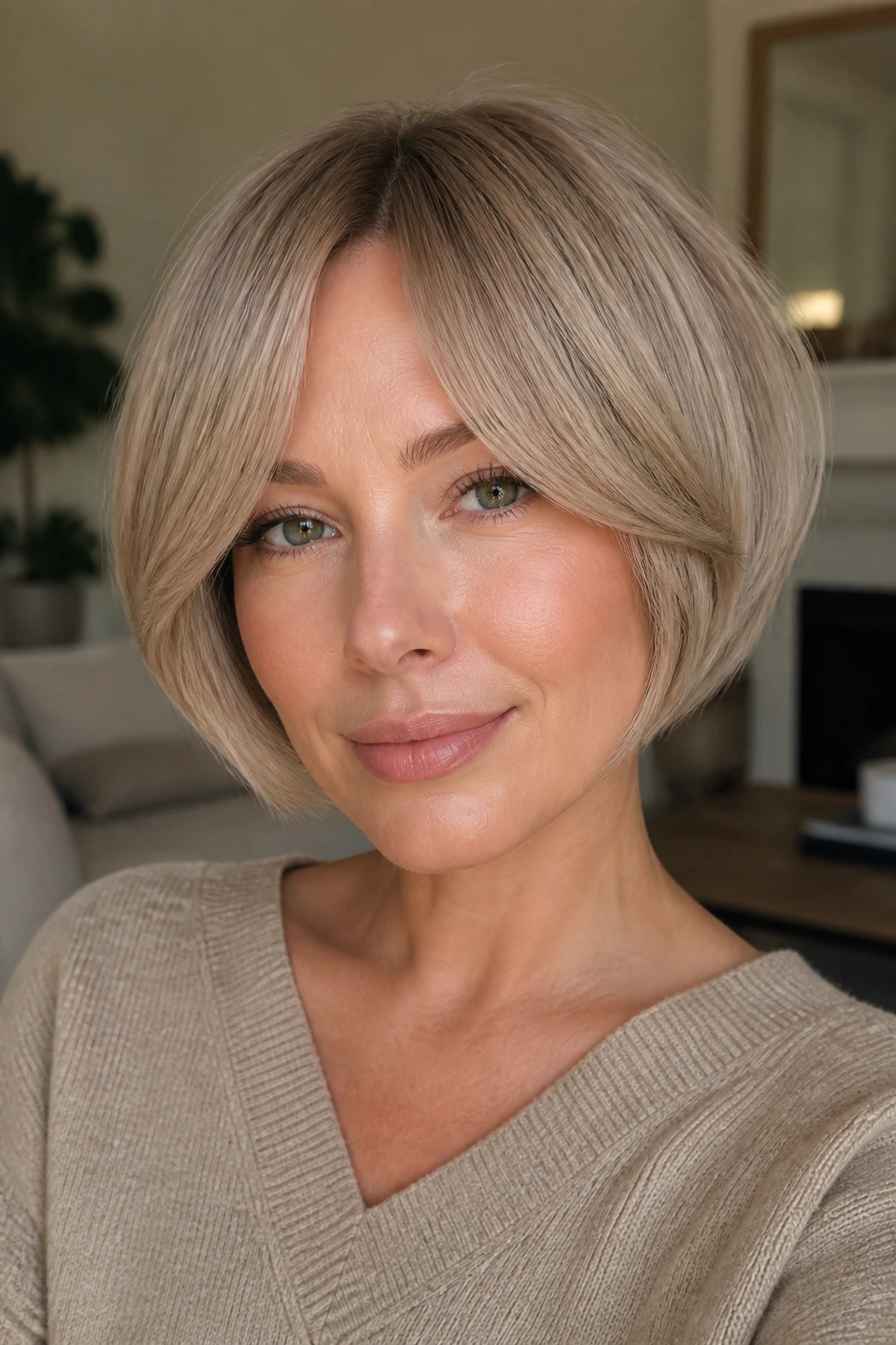 Close-up portrait of a woman with a mushroom blonde rounded bob and soft beige-ash tones.